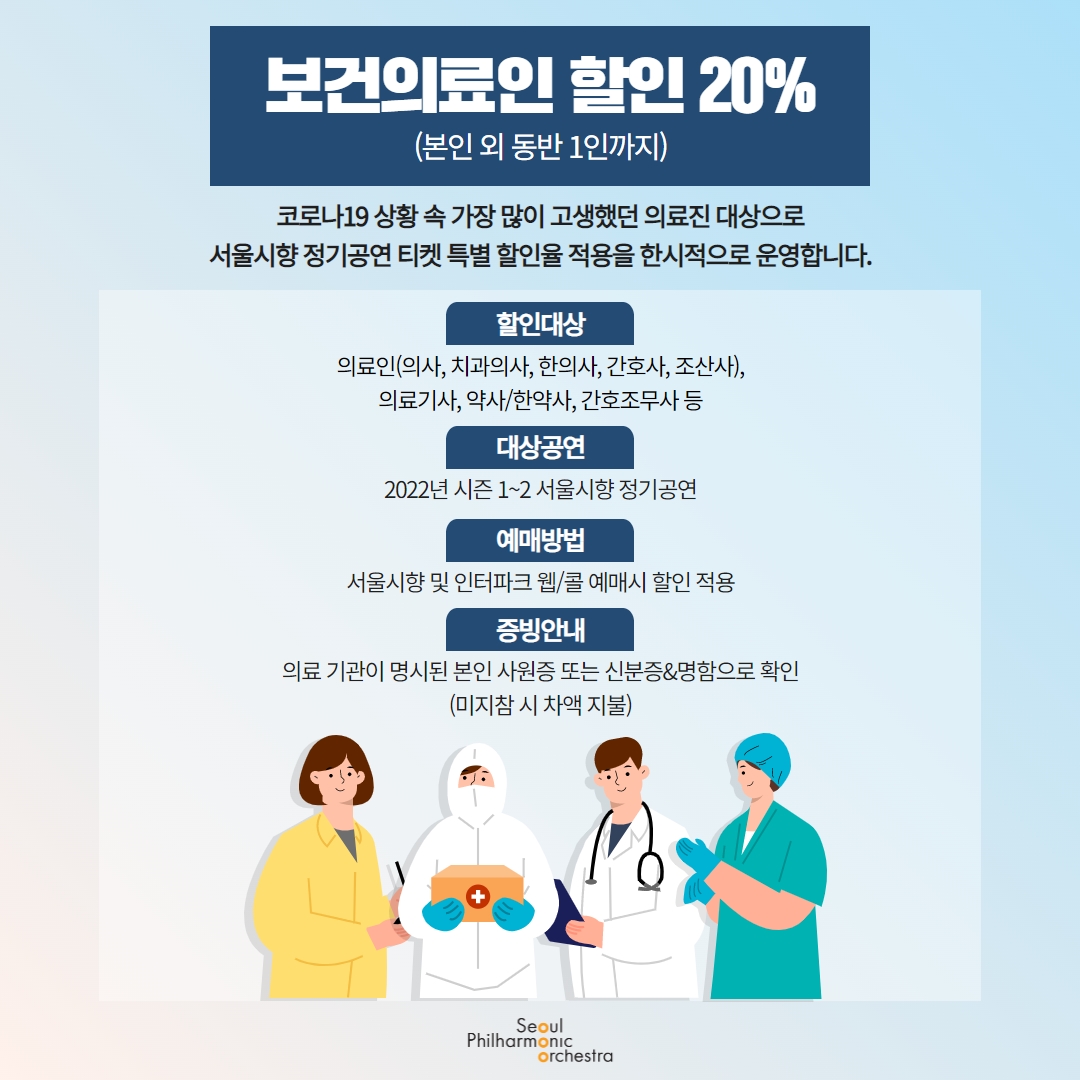 보건의료인(의료인, 의료기사, 약사, 한약사. 간호조무사등) 2022년 시즌 1~2  서울시향  정기공연을 대상으로 인터파크 웹,콜 예매시 본인 외 동반 1인까지 할인 20%를 적용한다는 안내문